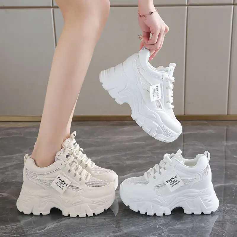 2025 Spring Thick Platform Casual Sneakers Whiet Breathable Chunky Woman's Sneakers Women Non Slip Lace Up Sports Female Shoes