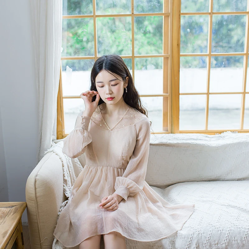 

Spring New Women's Fairy Skirt Chic Soft Sequin Splice Long Sve Waist Cinched Dr V-ne Lantern Sve ort Dr