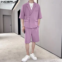 INCERUN Summer Men Clothing 2024 Men's Sets Fashion Party Casual Tops 2PCS Suits Solid Color Suit Oversized Half Sleeve Shorts