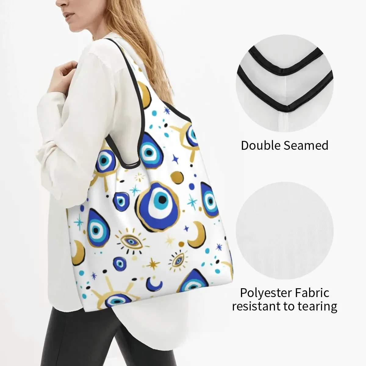 Borse per la spesa mediterranee blu e oro malocchio Borse per la spesa portatili di grande capacità per generi alimentari Hamsa Nazar Amuleto Boho Shopper Tote Bag