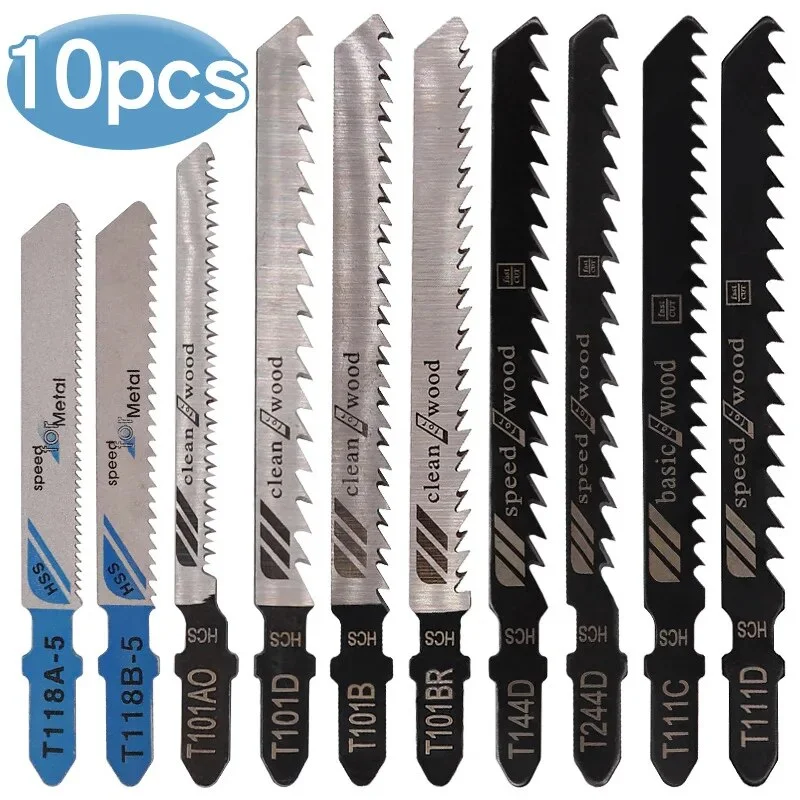 10 Piece Jigsaw Blade Set (For Wood and Metal, Accessories for Jigsaw with T-shank Holder)