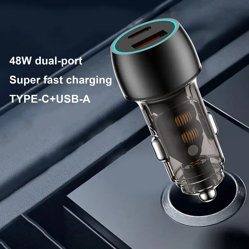 Metal 48w Car Charger Fast 48w Charger Adapter Double Type-C And USB-A Port 48w Cell Phone Car Charger For Cars Trucks Suvs Auto