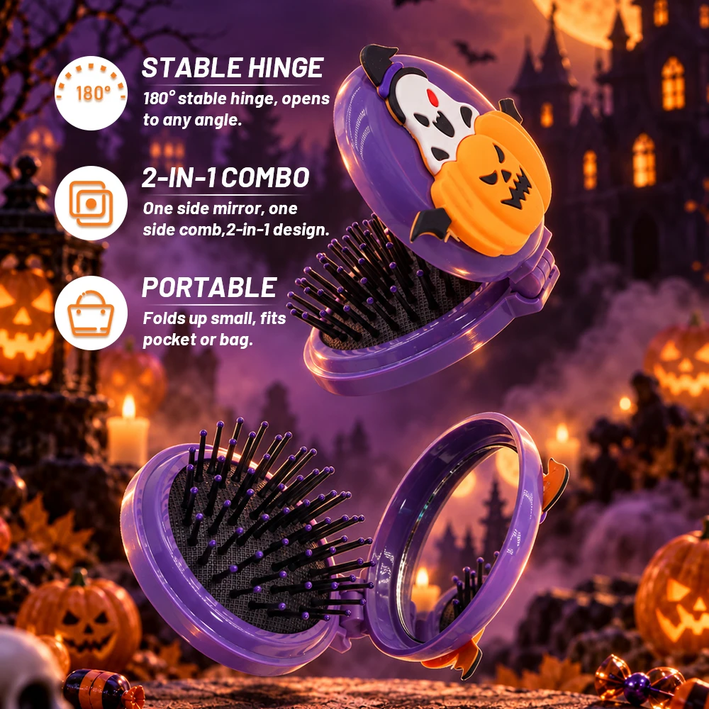 Halloween Folding Mirror Hairbrush Anti-Static Comb Detangling Scalp Massage Portable Suitable For All Hair Types Holiday Gift