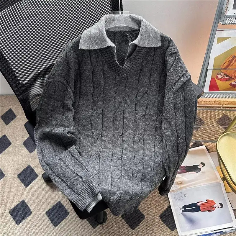 

American Retro Twisted Fake Two-Piece Knitted Sweater Men's Autumn Winter Loose irt Commute Quali Loose Sweater