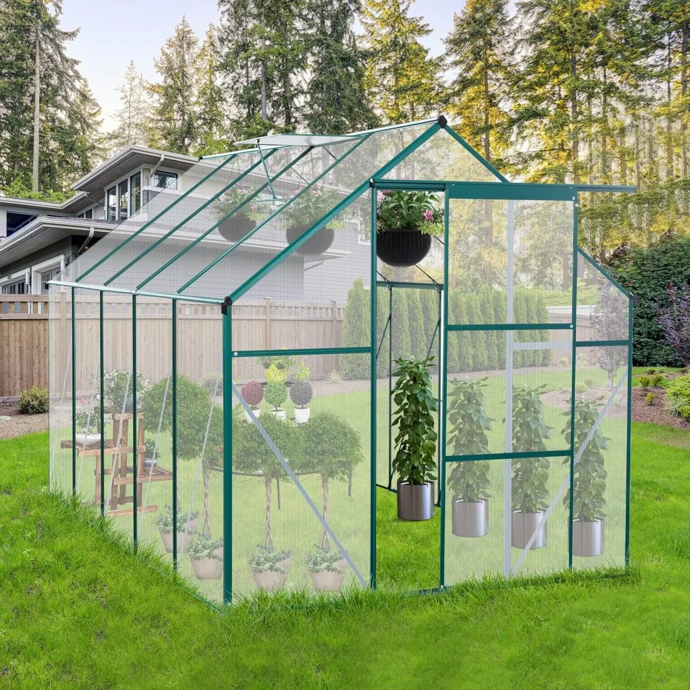 6X10 FT all-weather heavy-duty walk-in greenhouse, outdoor plant backyard garden greenhouse, sliding door protruding base