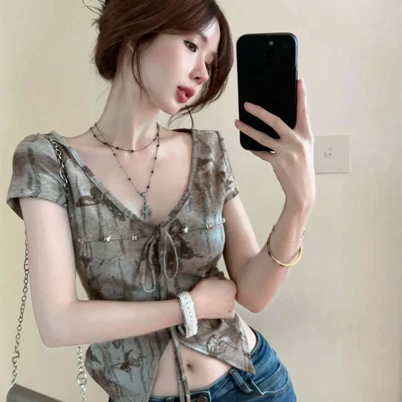 Summer Vintage Irregular Breathable Short Sleeve Tees New V-neck Slim Tie Dye Spice Girl Crop Tops Fashion Korean Women Clothing