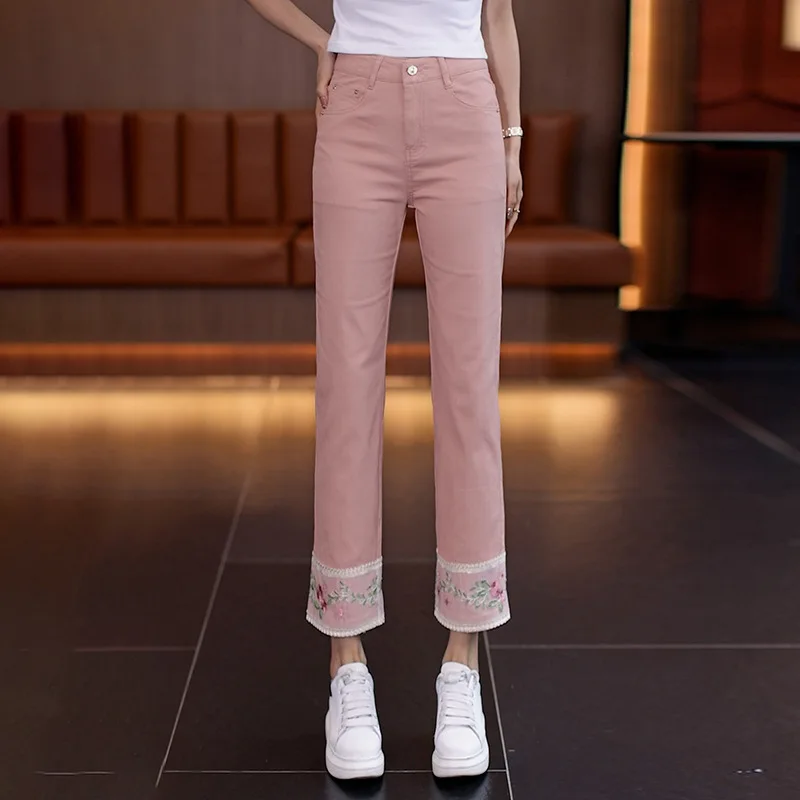

Осенние прямые брюки с высокой талией и вышивкой для женщин, свободные универсальные модные джинсовые укороченные брюки