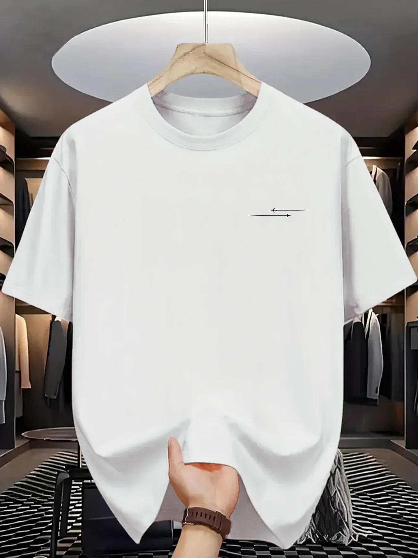 Tiny Line Print Men Short Sleeve Tshirt Minimal Two Opposite Arrow Chest Pattern O Neck Te Simple Trendy Male Street Fashion Top
