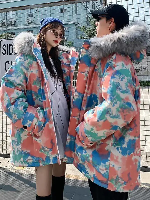 

Модная хлопковая куртка с камуфляжным принтом тай-дай для мужчин и женщин, больших размеров, в корейском стиле, для пар, теплая, толстая, хлопковая верхняя одежда