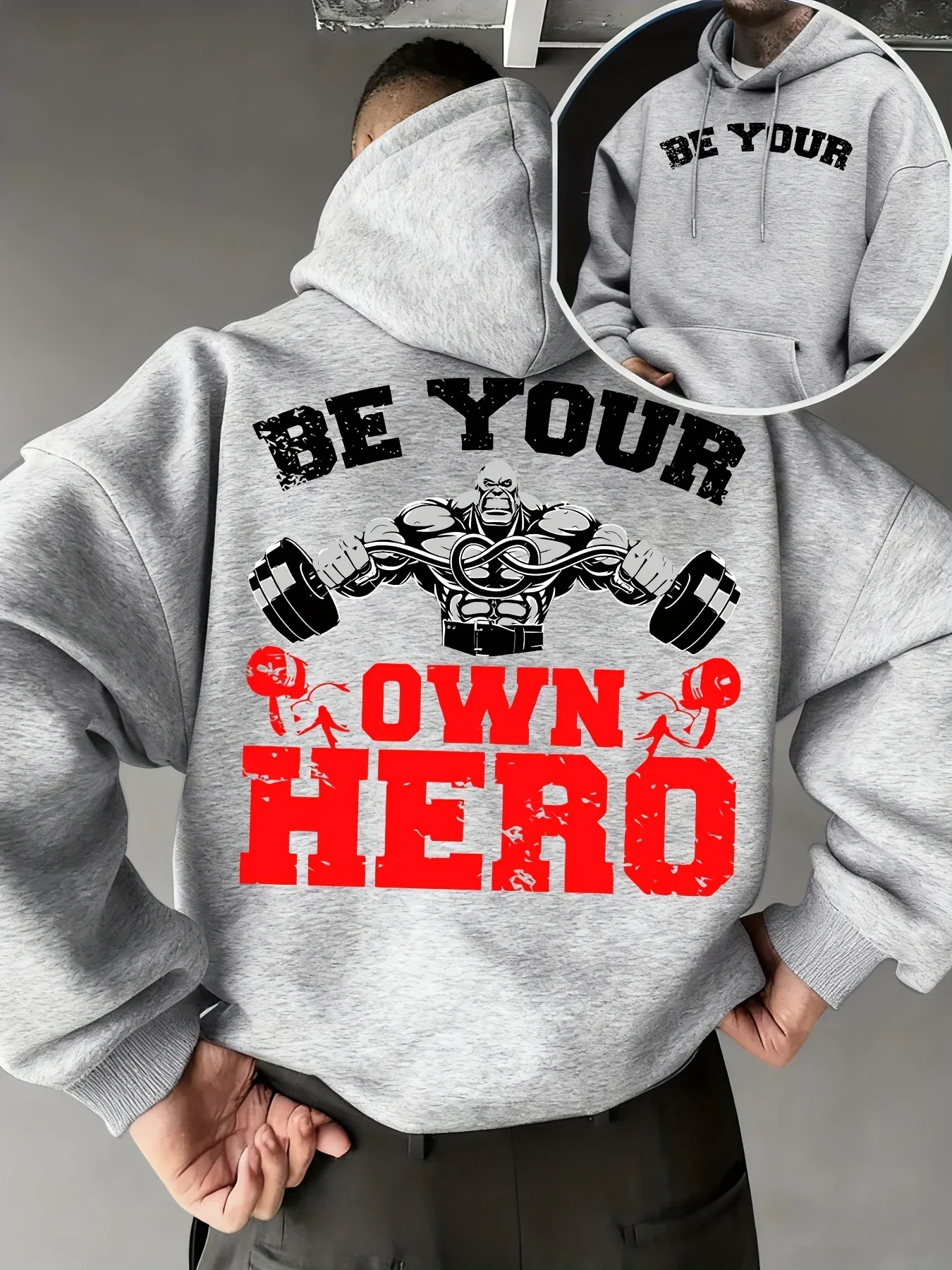 Men's Fitness Motivational Hooded Sweatshirt, Muscle Dumbbell Print, Autumn and Winter Fleece-lined Casual Loose Pullover Hoodie