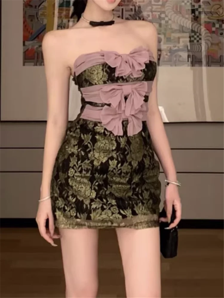 

Hot Girl Mesh Bow Patchwork Strapless Mini Pencil Dress 2026 New French Style Women Sexy Slash Neck Tight Birthday Party Dress