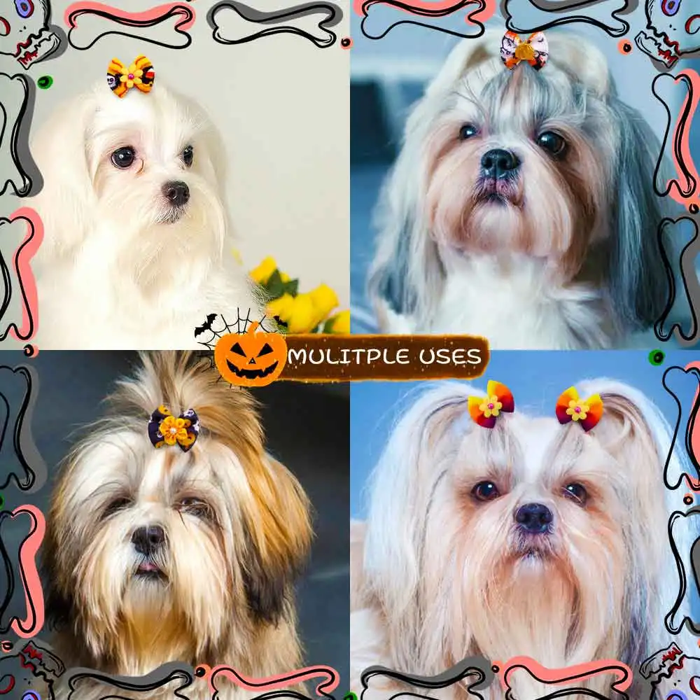 20PCS Halloween Party Dog Bows With Rubber Bands Pet Bowknots For Dogs and Cats Handmade Puppy Bows Pet Grooming Accessories