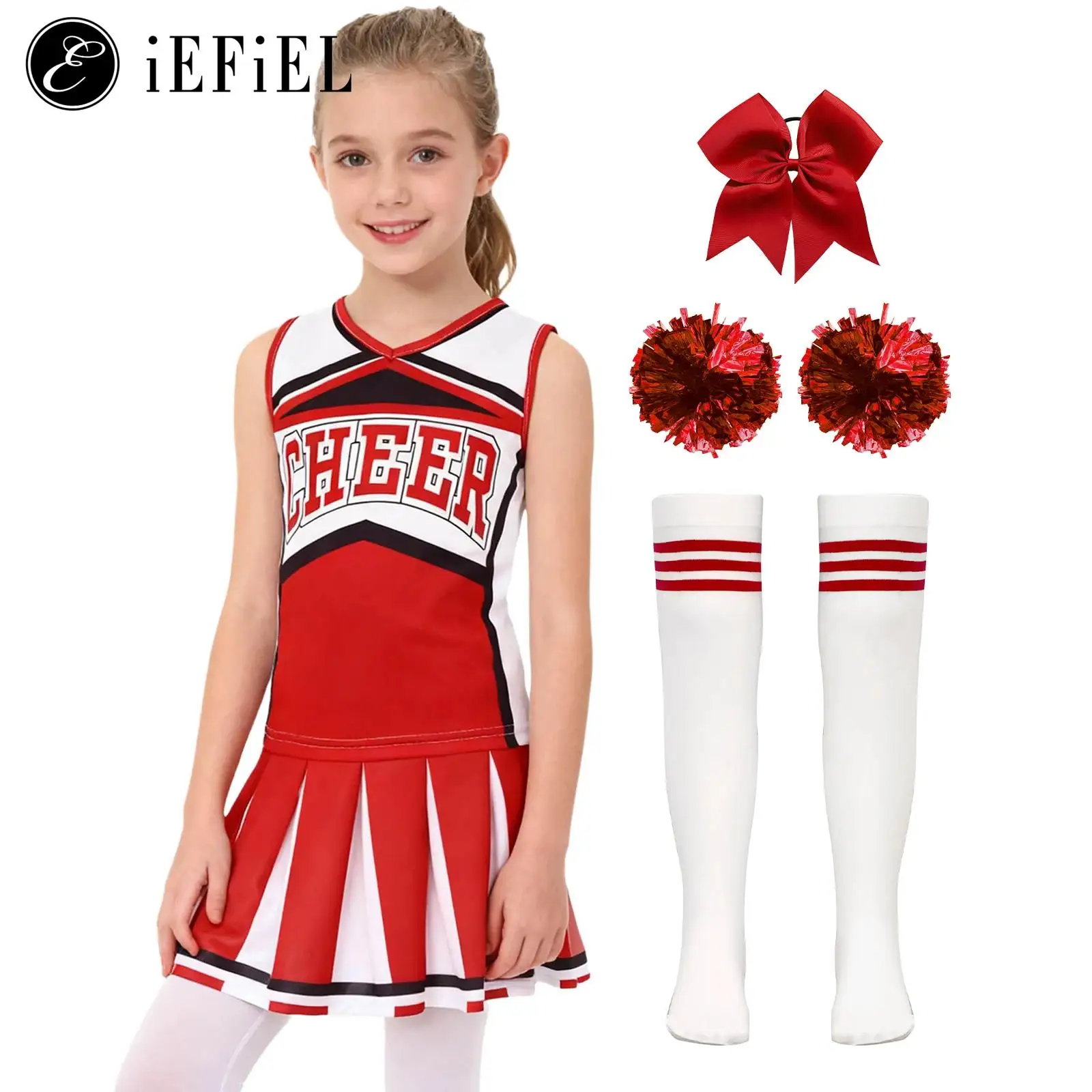 

Girls Cheerleader Costume Outfit Dance Uniform Letter Print Sleeveless Top with Skirt Headwear Striped Socks Stage Performances