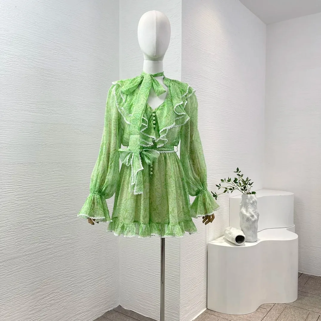 

2024 Silk New Summer High Quality Collection Vintage Light Green Flouncing Ruffle Long Sleeve Leaf Print Women Playsuits