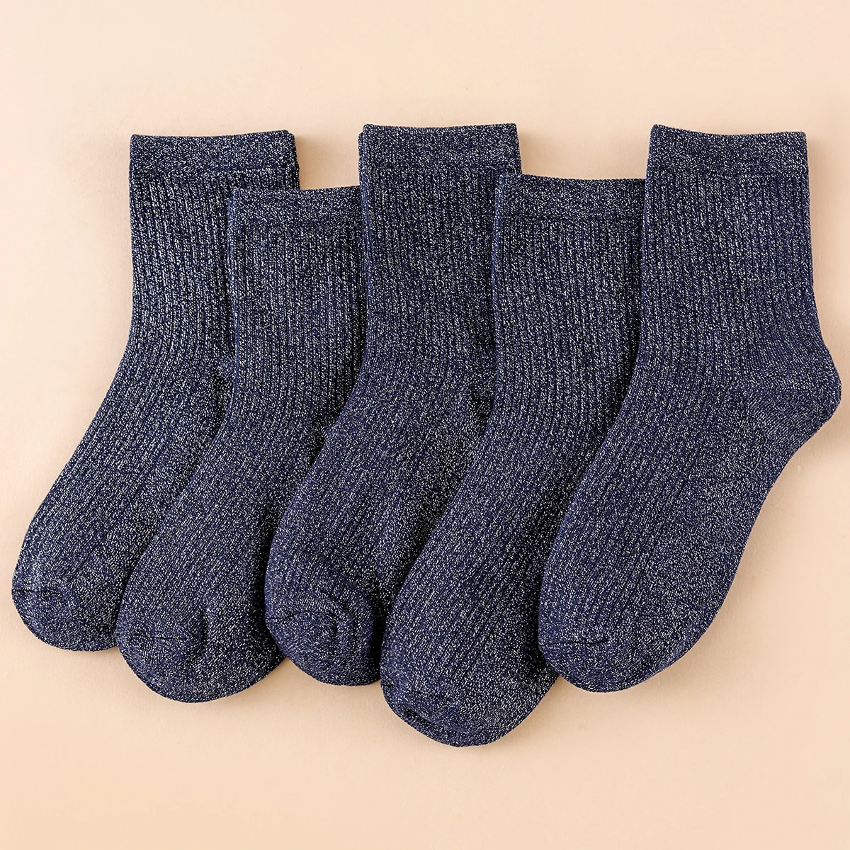 5 Pairs Of Women's Solid Color Vertical Stripe Personalized Design Gold And Silver Wire Shiny And Casual Sparkling Long Socks