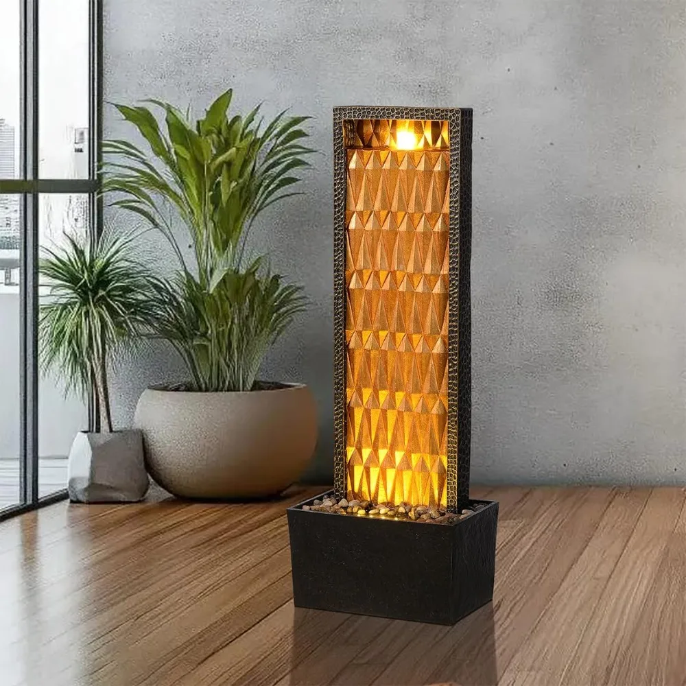 실내용 분수 - 27인치 높이의 폭포 수경 시설, 화려한 금색 디자인, 집, 거실, 사무실, 야외 장식용