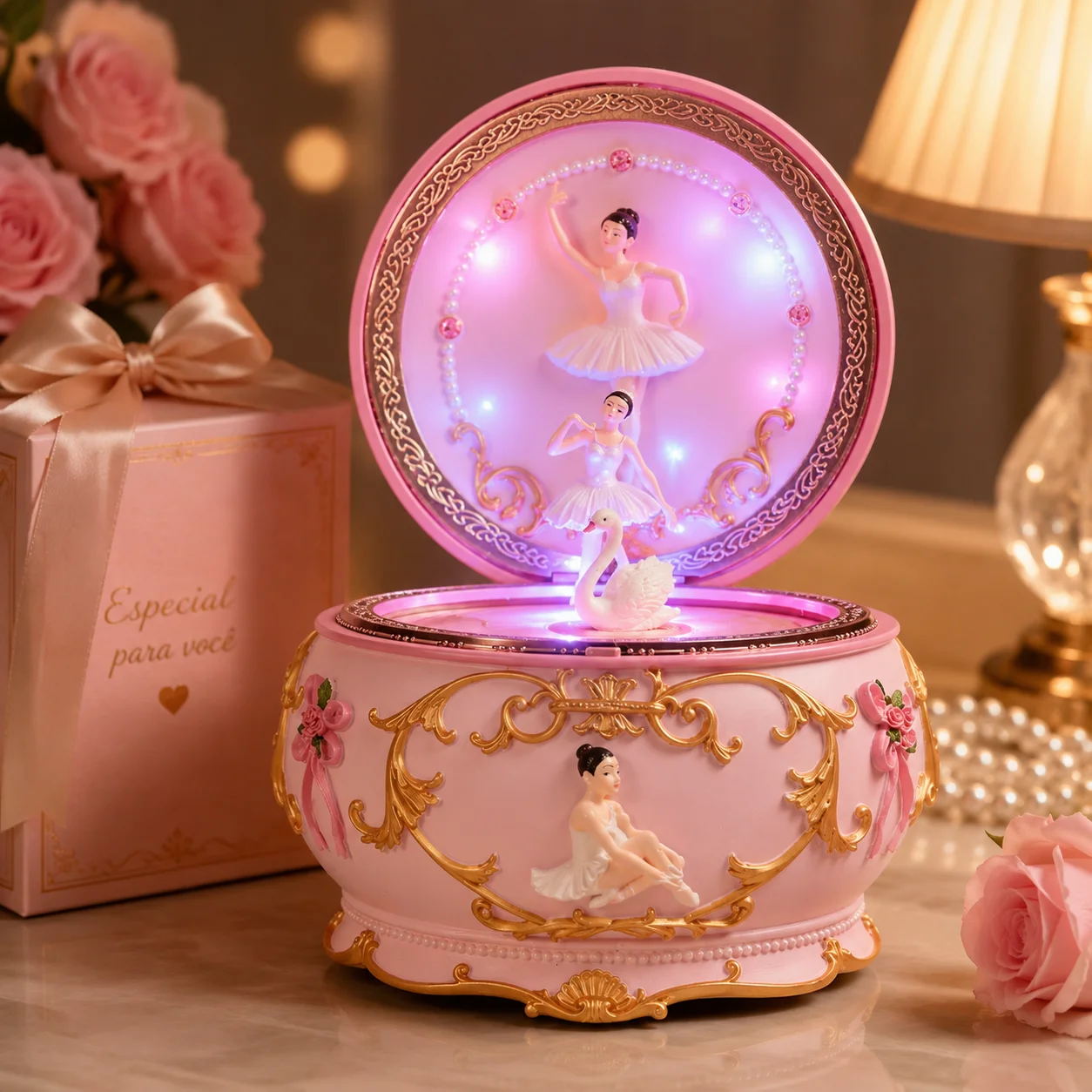 LED Rotating Ballerina Music Box with Colorful Lights, Ballet Girl Jewelry Organizer, Romantic Gift for Birthday Christmas
