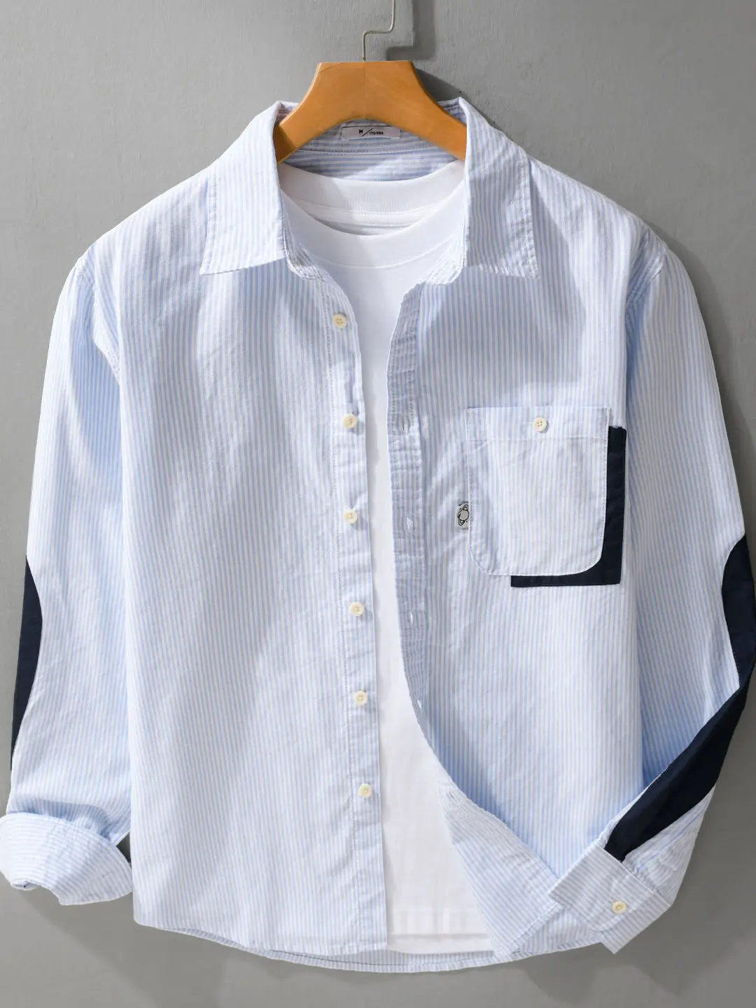 Color-Knitted Oxford Cloth Long Sleeve Men's Casual Shirt Resistant to Destruction Patchwork Contrast Color Pure Cotton Autum...