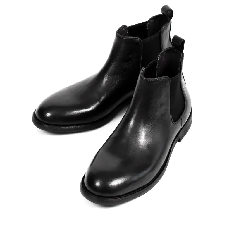 

British Retro Casual High Top Riding Boots Men's Shoes Handmade Genuine Leather Round Toe Chelsea Boots Male Black