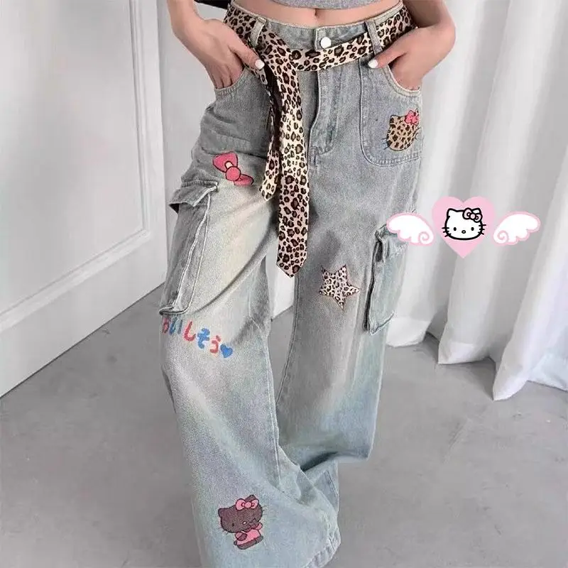 

Sanrios Hello Kittys Print Jeans Y2K Woman's High Waist Wide Legs Cartoon Work Jeans American Retro Loose Trousers Streetwear
