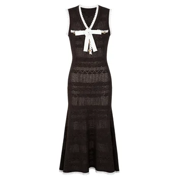ZJYT Summer Elegant Knitted Dresses for Woman 2026 Fashion New Sleeveless Bowknot Midi Casual Party Dress Pink White Vestidos 3