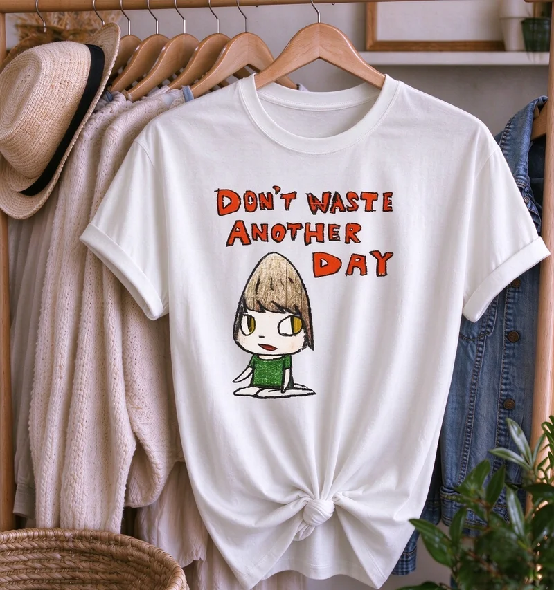 Retro Yoshitomo Nara T‑Shirt Women Bone Cartoon Character I Don't Want To Grow Up Cotton O‑Neck Short Sleeve Casual Street Tops
