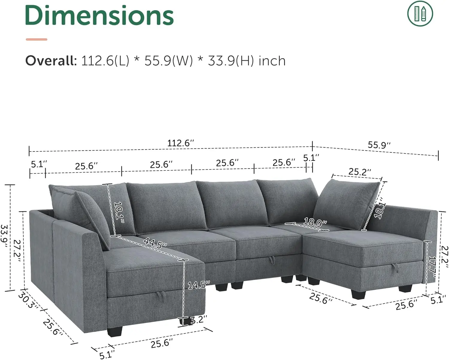 Canapé modulaire en forme de U, canapé sectionnel avec sièges de rangement, canapé-2, 112.21x55.9x33.86 pouces