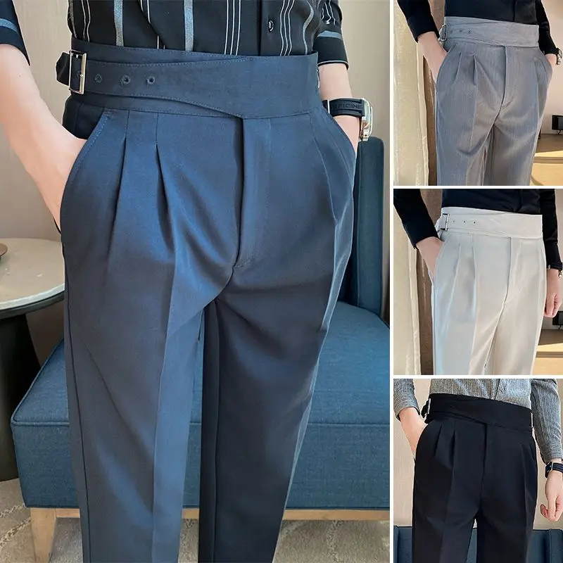 

British Style Men High Waist Casual Dress Pant Men Belt Design Slim Trousers Office Social Wedding Party Dress Suit Pants H124