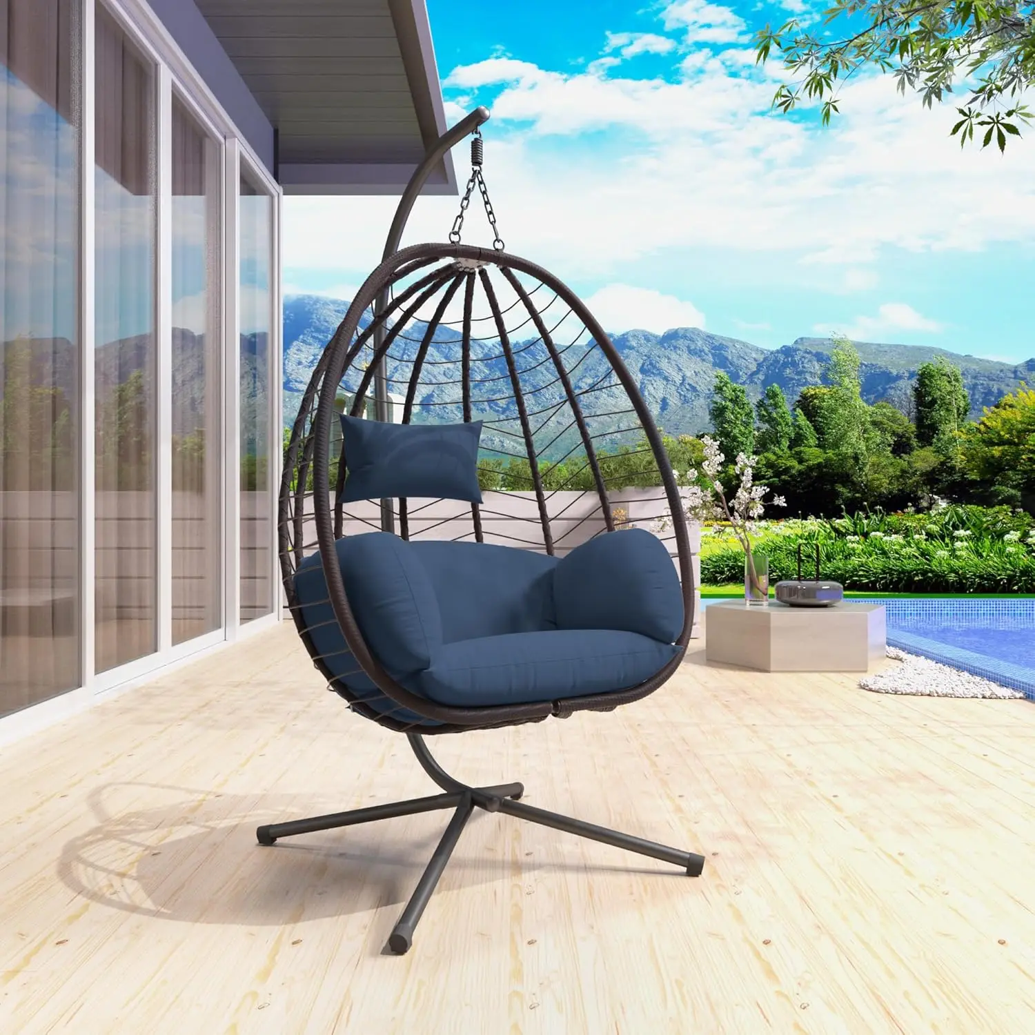 Hanging Egg Chair With Stand, Indoor Outdoor Wicker Rattan Egg Swing Chair With Cushion Headrest, Hammock Chair 350Lbs Capacity