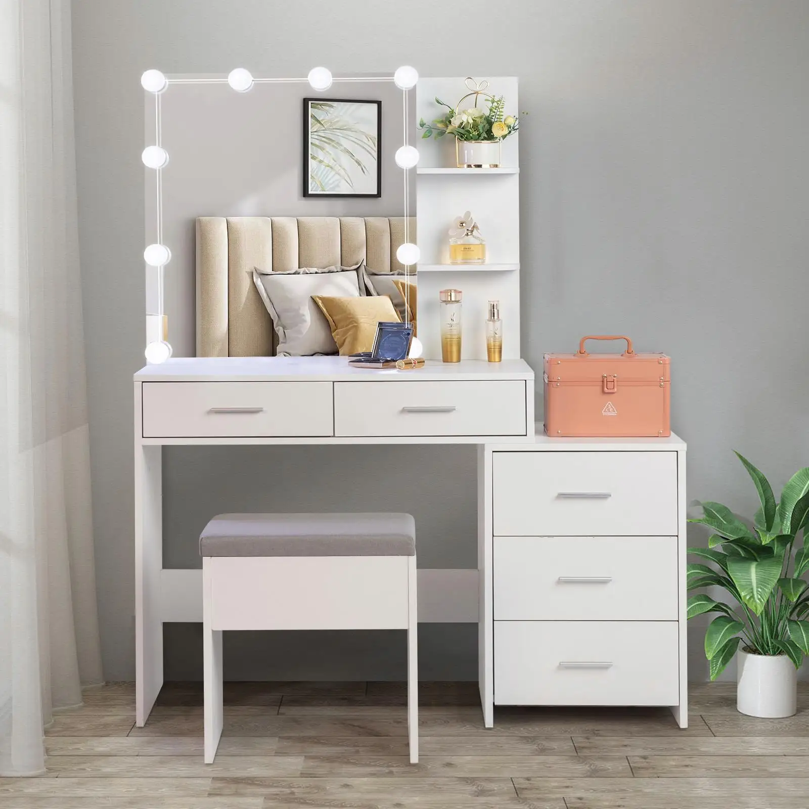 White Particleboard Dressing Table Set with Mirror, 5 Pumps, 2 Shelves & 3 Dimming Lights - Triamine Veneer