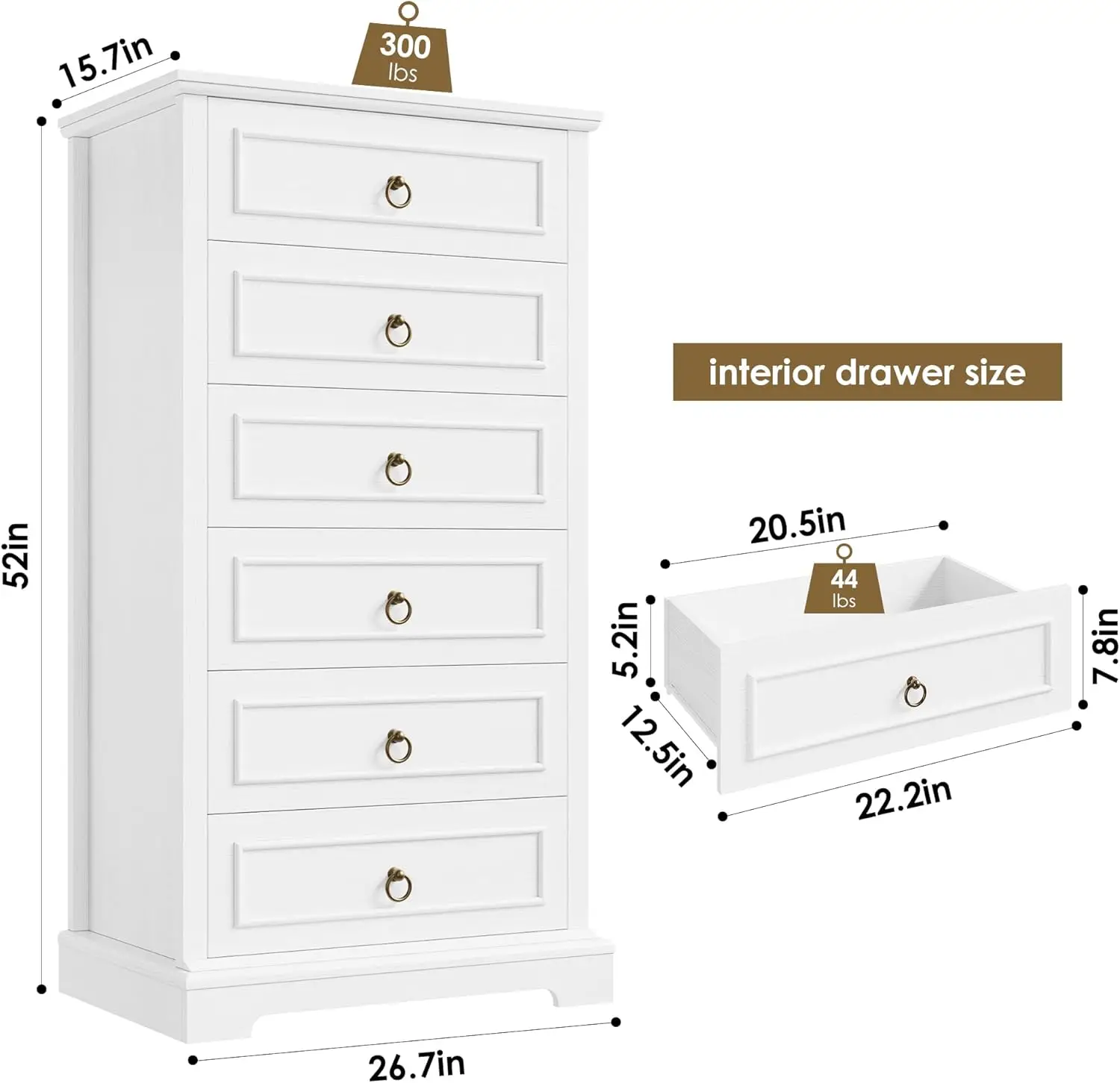 White Dresser for Bedroom, 52" Tall Dresser, Vertical 6 Drawer Dresser, Modern Farmhouse Chest of Drawers, Wood Closet