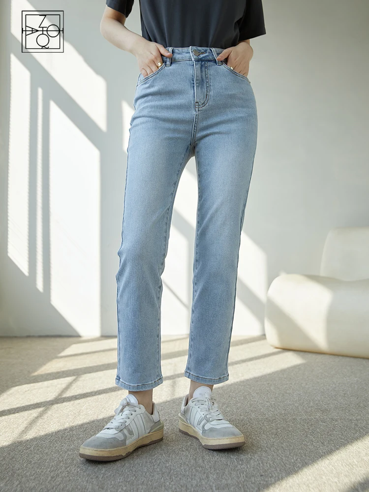 

ZIQIAO Japanese Cropped Straight Jean Light Blue Cotton Elastic Denim Pant Office Lady Casual Spring Jeans Ankle-Length