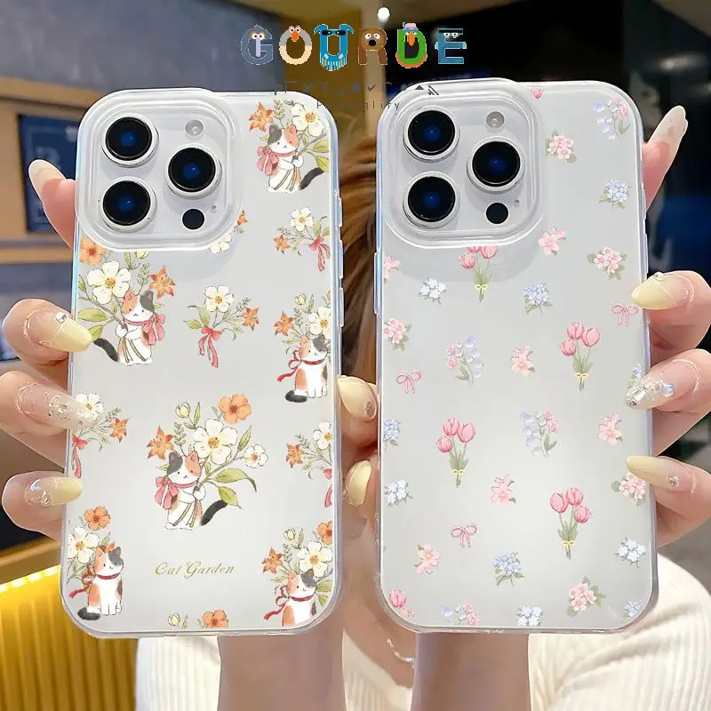 

Gourde Premium Cat Tulip Flower Pattern Matte Phone Case for Iphone 16 15 14 12 13 11 Pro Max Ip 7 8 Plus Iphon X Xs Xr Xs Max