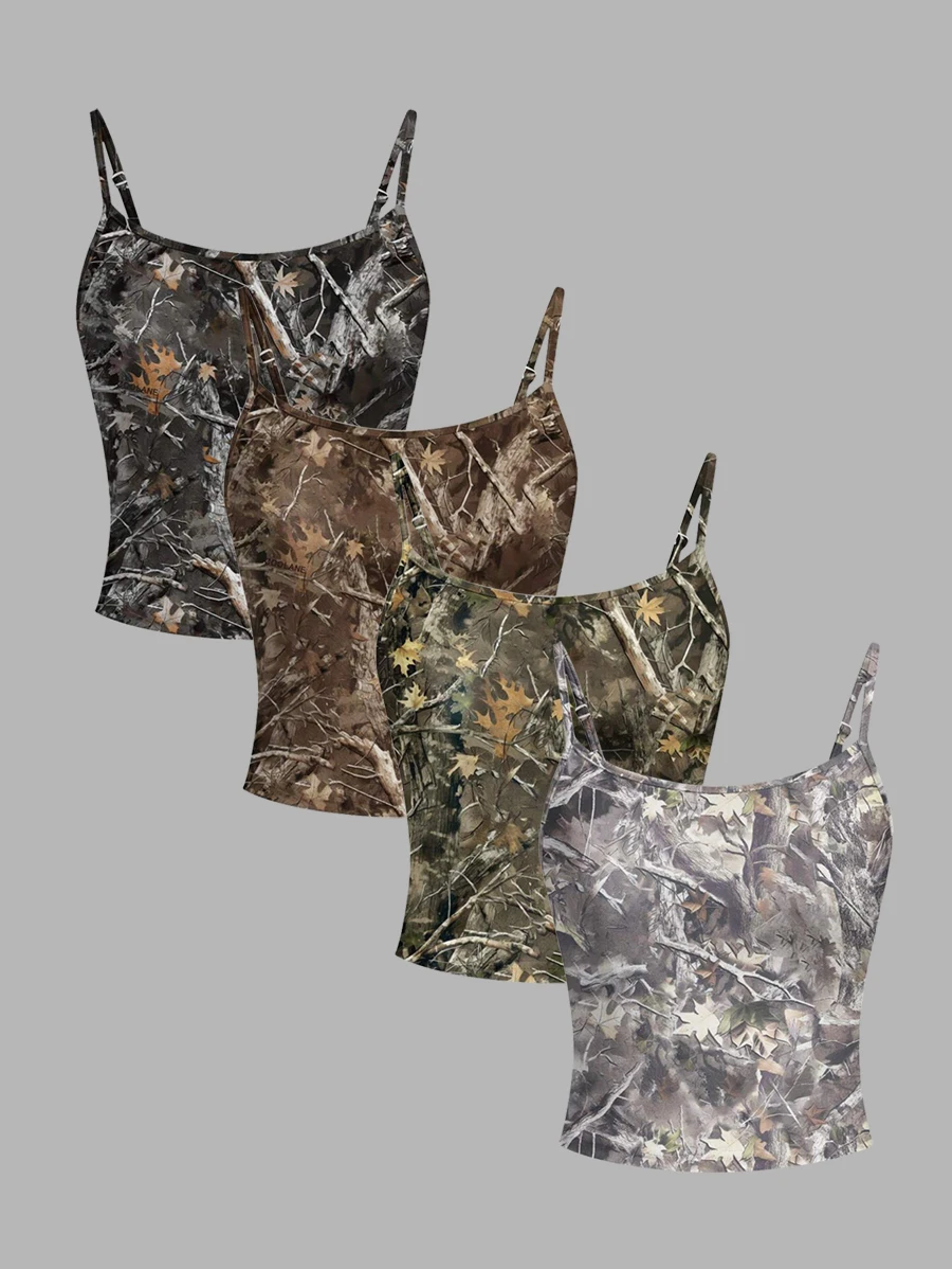 4 Pack Realtree Camo Crop Cami Tops Women Adjustable Spaghetti Strap Vintage Tree Print Slim Y2K Sleeveless Tank Camisole