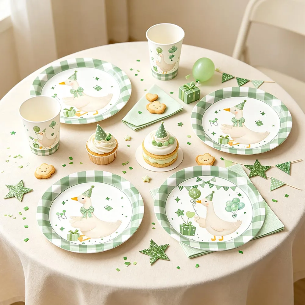 Vaisselle jetable à thème canard blanc mignon et écossais vert : Assiettes, gobelets, serviettes – Décoration de table pour anniversaire ou baby shower sur le thème des animaux de la ferme