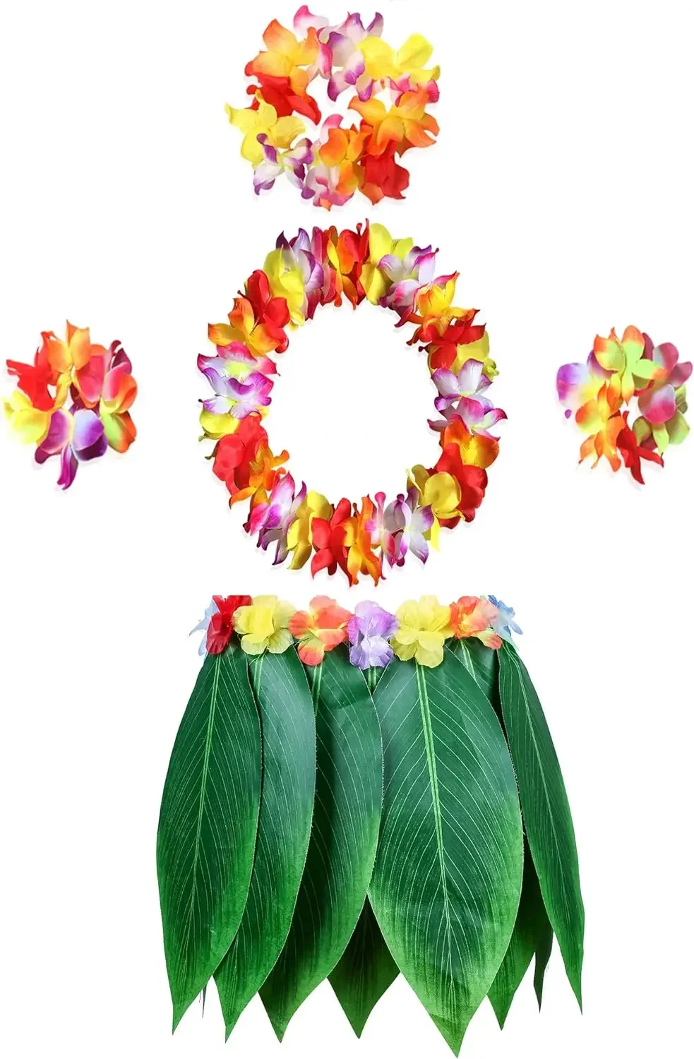 Leaf Hula Skirt and Hawaiian Leis Set Grass Skirt with Artificial Flowers Hula Costume Beach Party  Birthday Wedding Festival