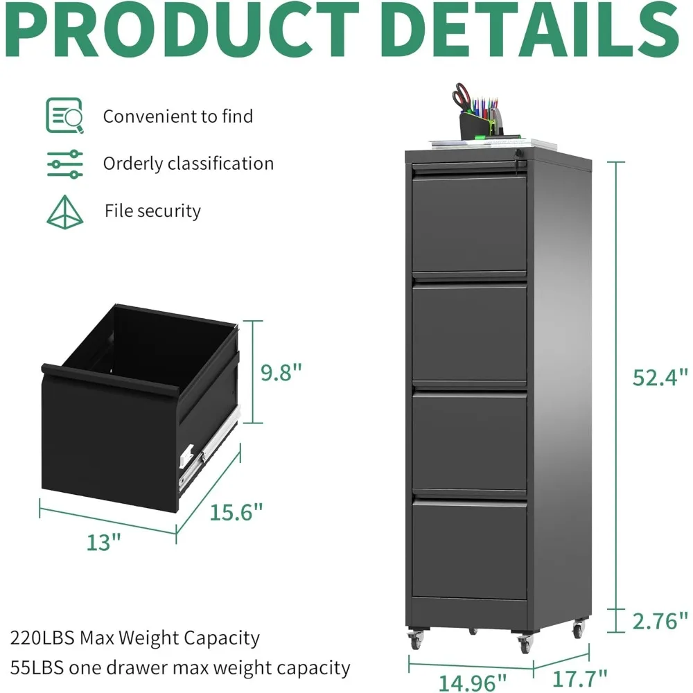 خزانة ملفات معدنية للمكتب المنزلي مع قفل، وحدة تخزين متنقلة بأربعة أدراج لتنظيم ملفات الرسائل/القانونية/A4 تحت المكتب