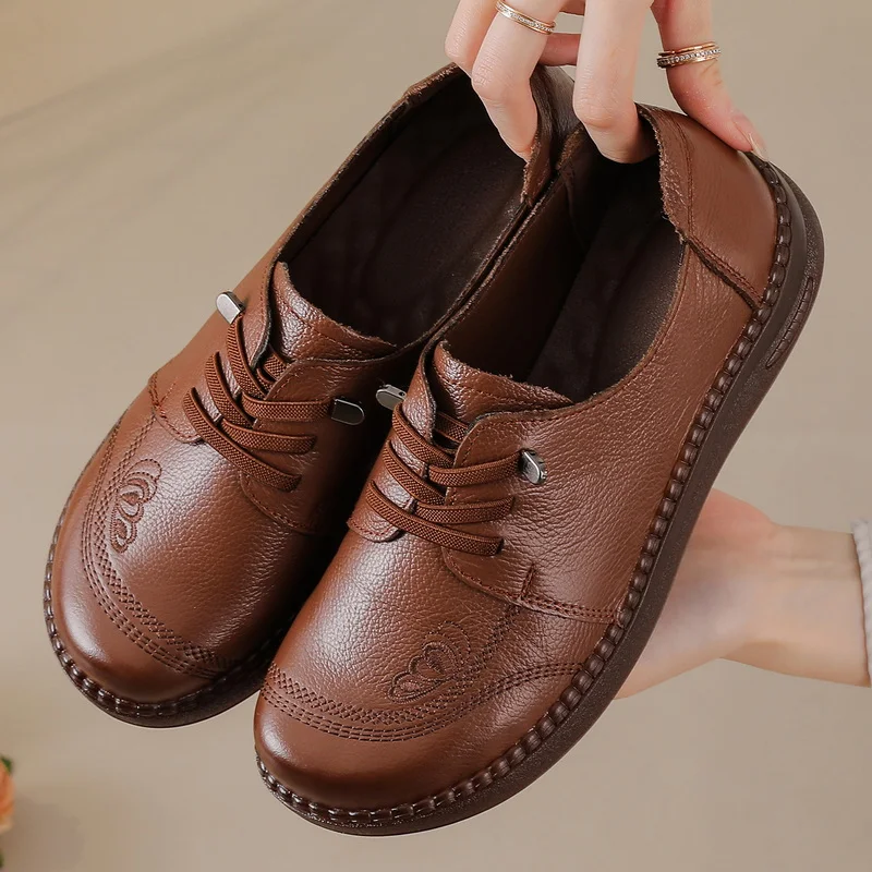 Comfort Elderly Oxfords Flats Women Real Leather Shoes Woman Simple Embossed Soft Loafers Mom Moccasins Non Tired Walking Flats