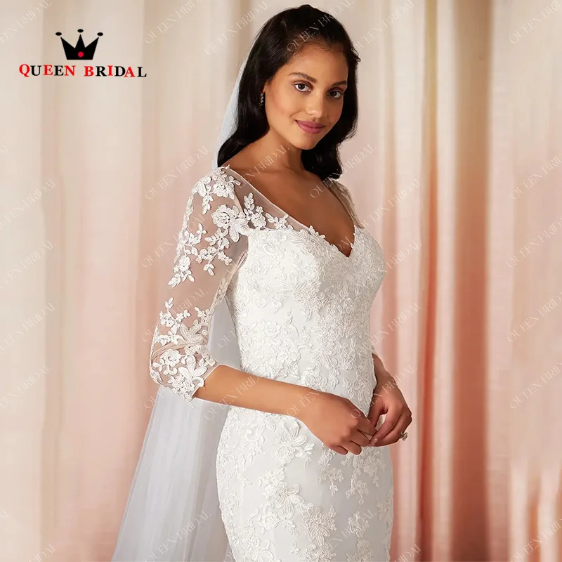 Elegant Mermaid Appliques ชุดแต่งงานลูกไม้ 2024 ครึ่งแขนความยาว V คอชุดเจ้าสาว Robe De Mariée CUSTOM H31X