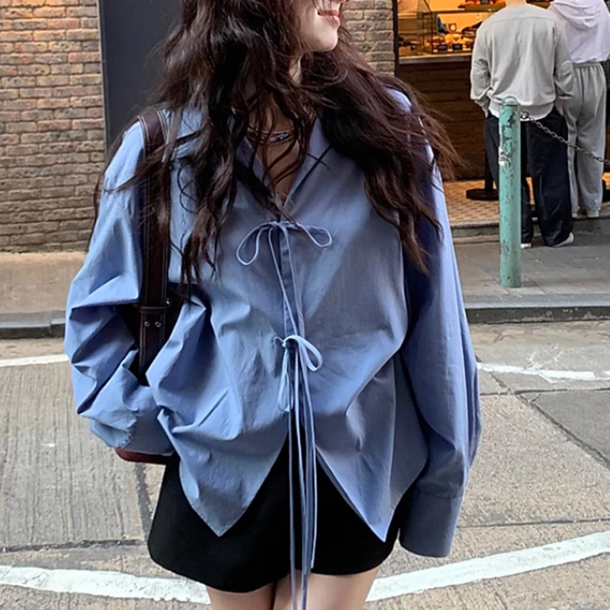

Lapel Bow Tie Shirt Women Korean Fashion Clothes 2025 Summer Vintage Casual Tops Streetwear Female Chic Elegant Shirts Blouse