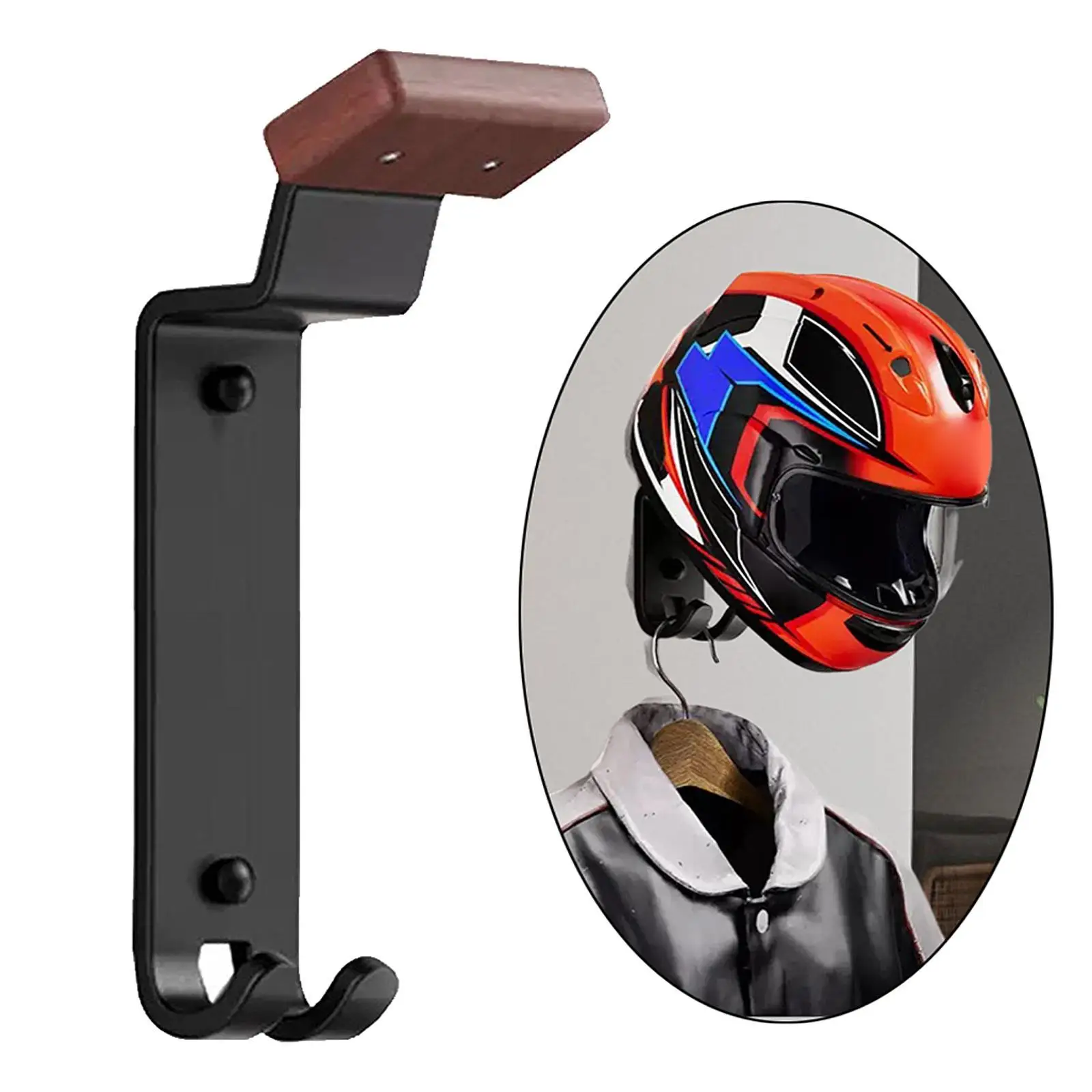 

Helmet Holder Wall Mount Wood and Carbon Steel with 2 Key Hooks Space Saving Motorcycle Helmet Rack for Hat Helmet Bike