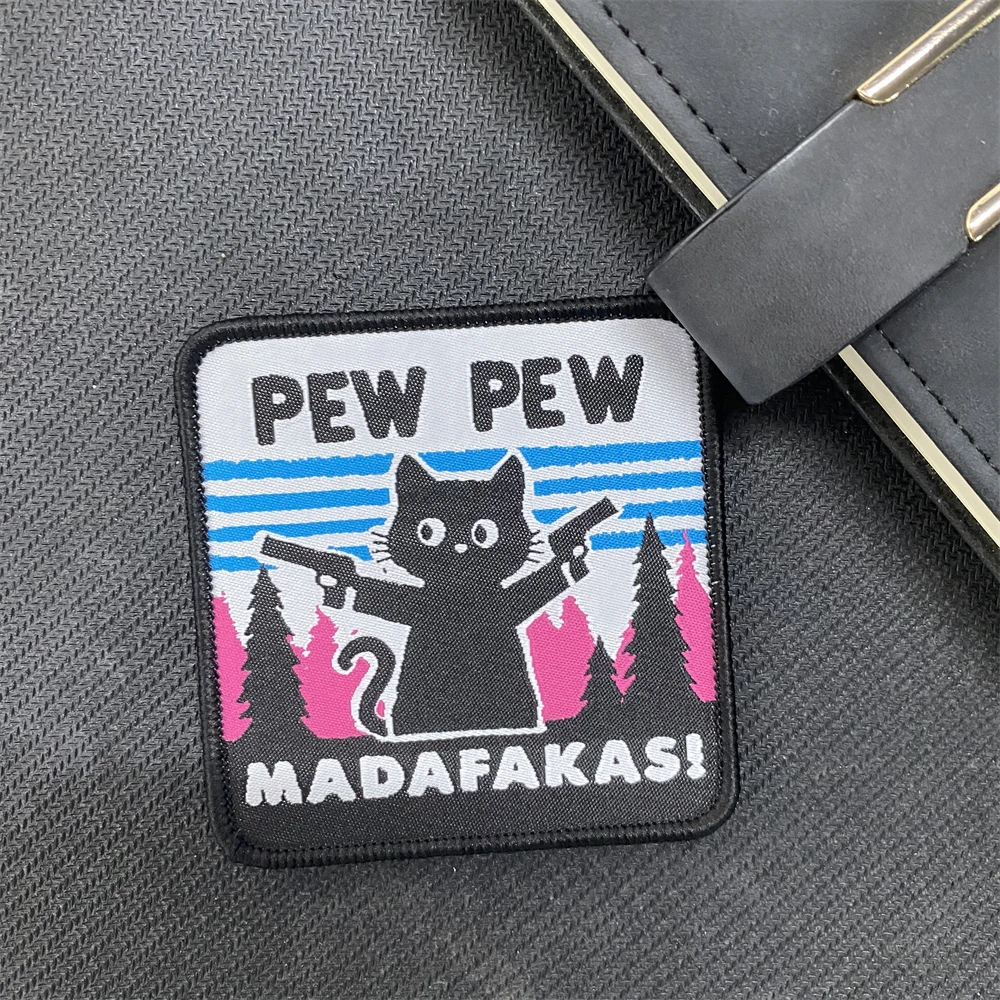 PEW PEW Madafakas AKA Cat Funny Patch Double-gun Black Cat Armband Morale Outdoor Military Fans Backpack Sticker Hook&Loop Badge view 4