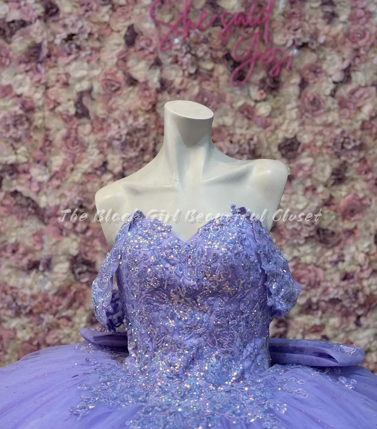 Gorgeous Lavender Purple Quinceanera Dresses Delicate Sheath Sequins Applique Card Shoulder Tie Bow Fantasy Princess Tutu