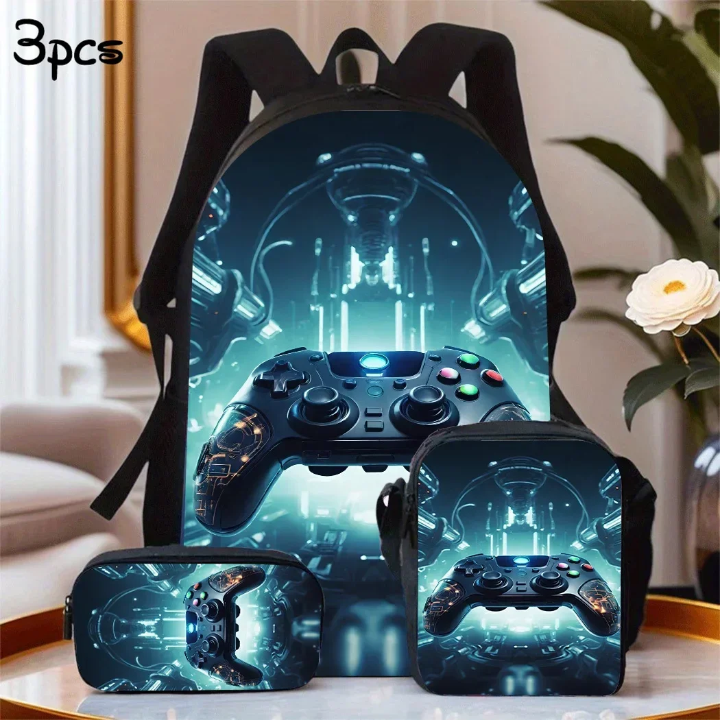 3pcs Game Controller Backpack Set For Boys, Casual Polyester Student Bookbag With Lunch Bag And Pencil Case, Hand Washable, Zipp