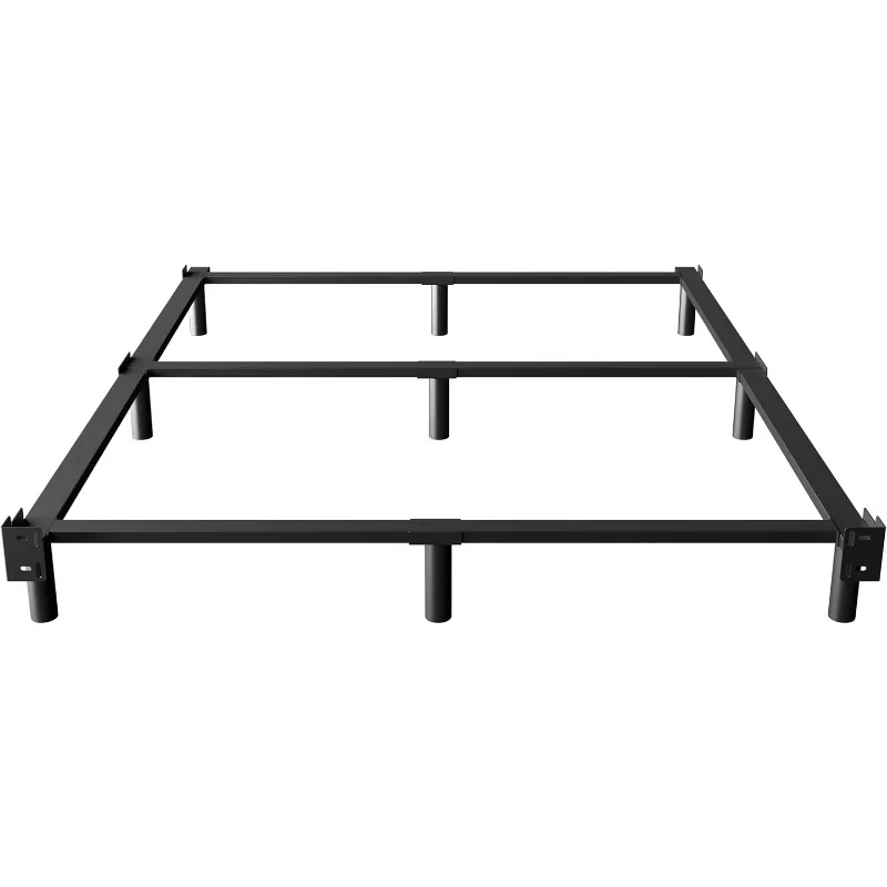 Marco de cama tamaño queen de 7 pulgadas para somier y colchón, base de cama de metal con soporte de 9 patas, sin herramientas y fácil montaje, negro