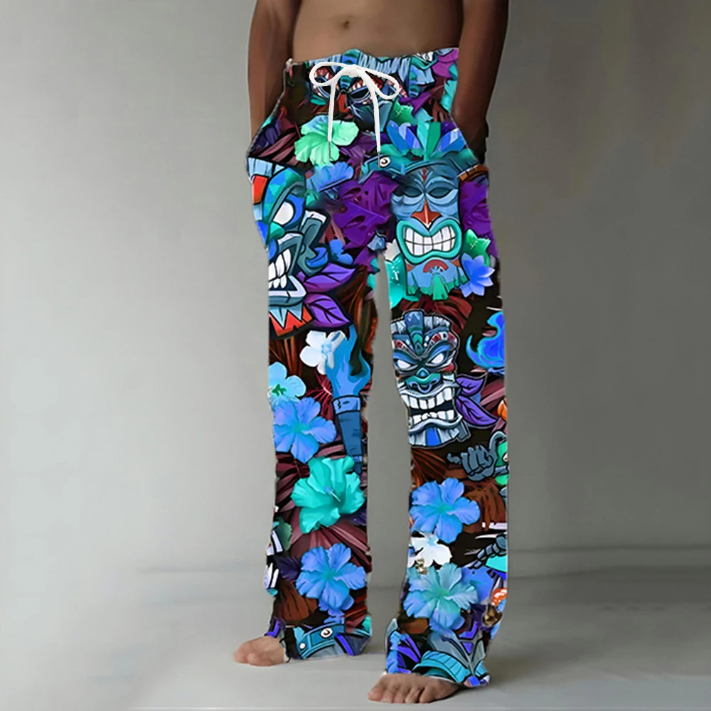 Men\'s Trousers Summer Beach Pants Drawstring Elastic Waist Totem Printing Comfort Casual Long Pants