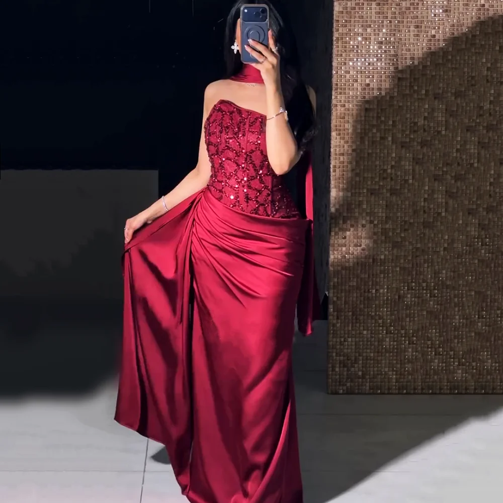 Customized Exquisite Strapless Long Dresses Sequined Pleats Prom Dresses Sleeveless Formal Evening Gowns for Banquet Glitter