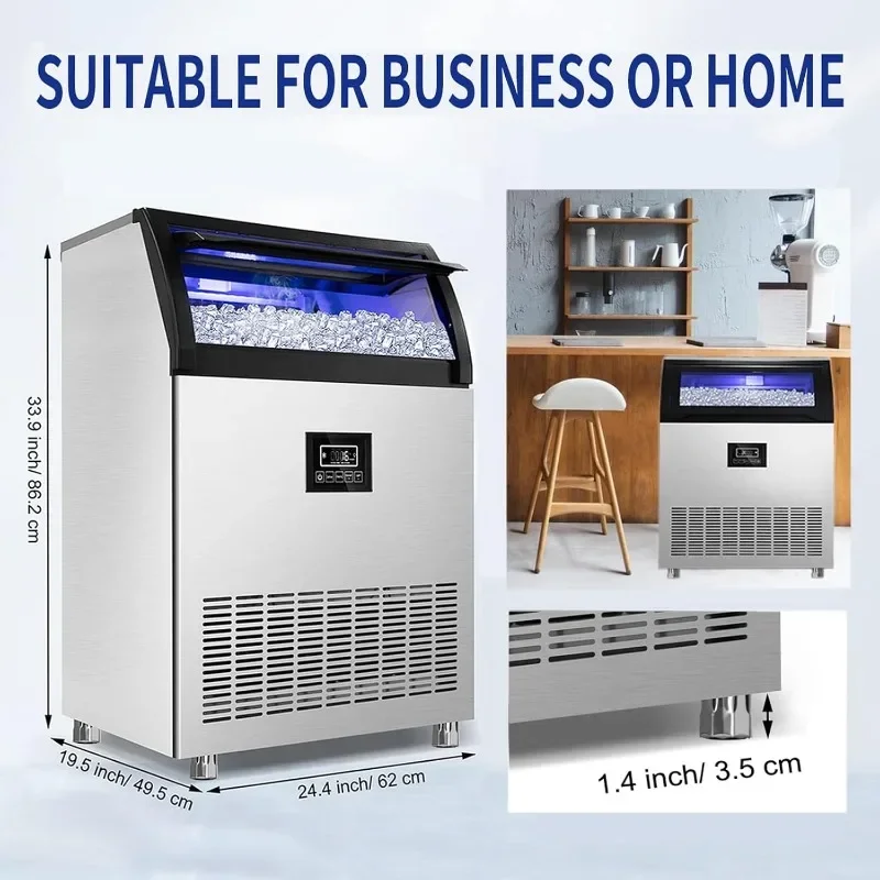 Commercial Ice Maker Machine Large Ice Storage Bin,Stainless Steel Under Counter Industrial Ice Machine for Bar,