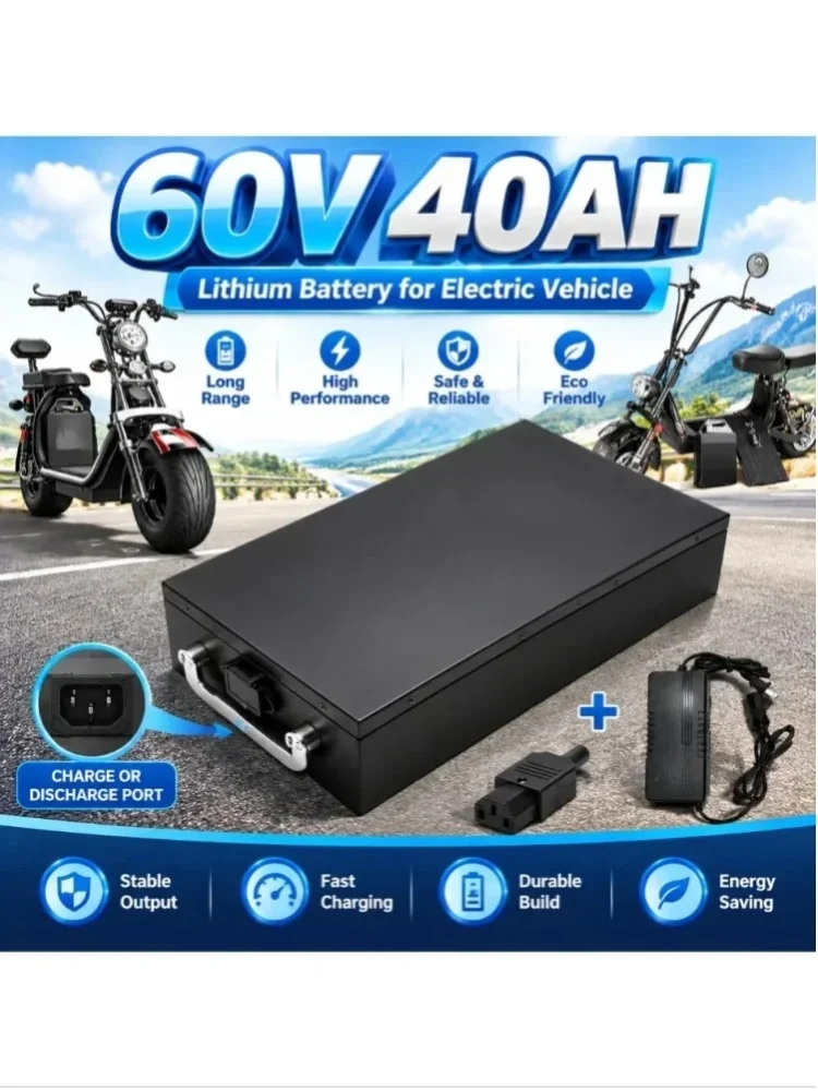 60V 40Ah Lithium-Akkupack für Elektromotorräder, 2000W Hochleistungsmotor, geeignet für Harley Davidson, faltbare Citycoco-Elektro-Scooter, inklusive kostenlosem Ladegerät
