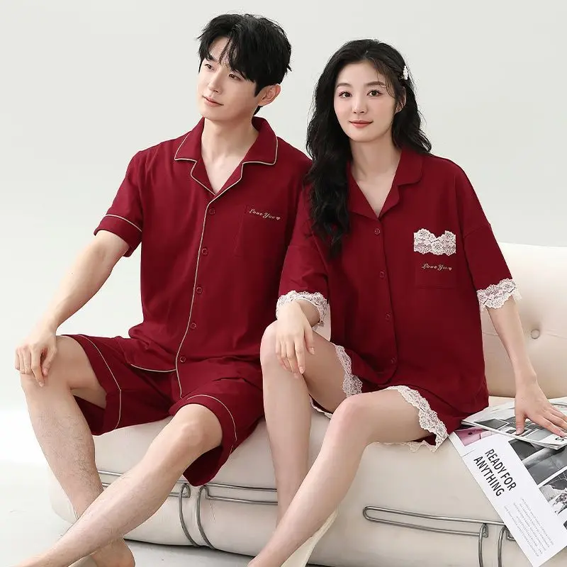 Pajamas new couple pajamas summer newlywed wedding red men and women cotton festive home wear pajamas set